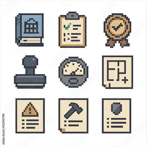 Regulatory Compliance Icons. Pixel art icon set of regulatory compliance: building code book, inspection checklist, certification