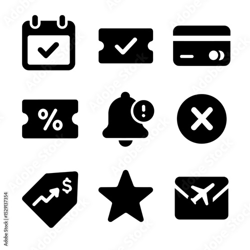 Reservation Icons Grid. Solid, Filled icon set of booking and reservation features: calendar selector, confirmation ticket,