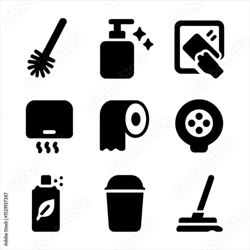 Restroom Cleanliness Icons. Solid, Filled icon set of restroom cleanliness: toilet brush, soap dispenser, mirror wipe, hand dryer,