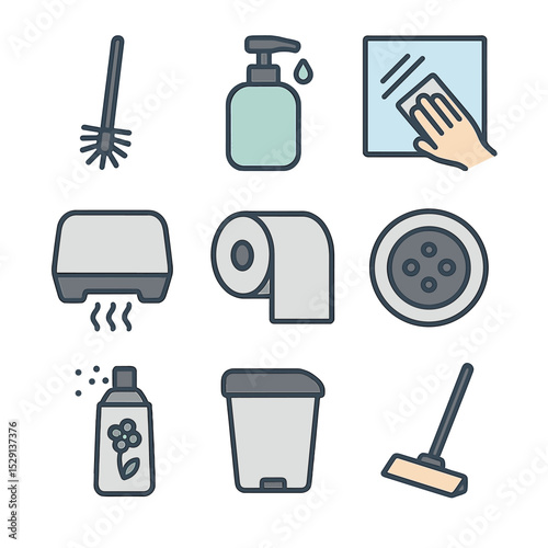 Restroom Cleaning Icons. Flat icon set of restroom cleanliness: toilet brush, soap dispenser, mirror wipe, hand dryer, toilet