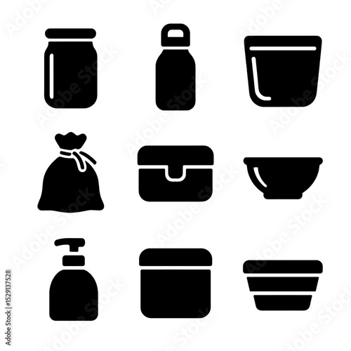Reusable Containers Icons. Solid, Filled icon set of reusable containers: glass jar, stainless steel bottle, silicone pouch, cloth