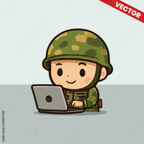 Cute army kids working with laptop vector style editable illustration