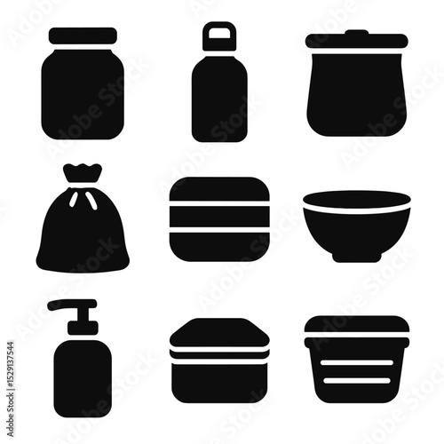Reusable Containers Icons. Solid, Filled icon set of reusable containers: glass jar, stainless steel bottle, silicone pouch, cloth
