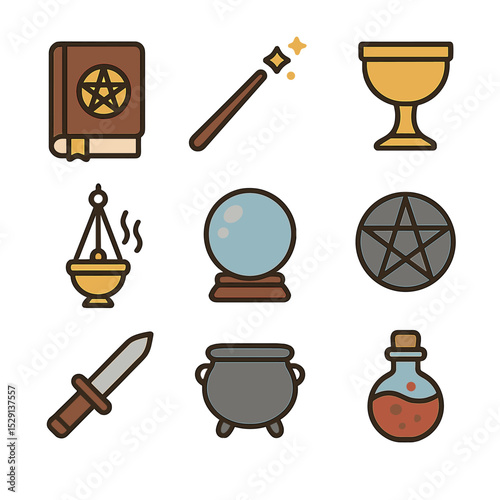 Ritual Tools Icons. Flat icon set of ritual tools: spellbook, wand, chalice, incense burner, crystal ball, pentagram, athame,