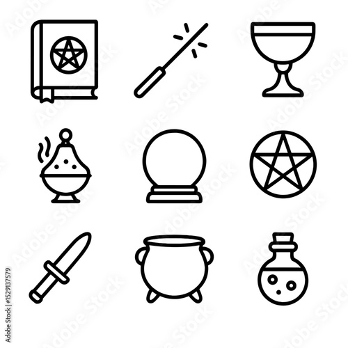 Ritual Tools Icons. Outline icon set of ritual tools: spellbook, wand, chalice, incense burner, crystal ball, pentagram, athame,