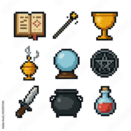 Ritual Tools Pixel Icons. Pixel art icon set of ritual tools: spellbook, wand, chalice, incense burner, crystal ball, pentagram,