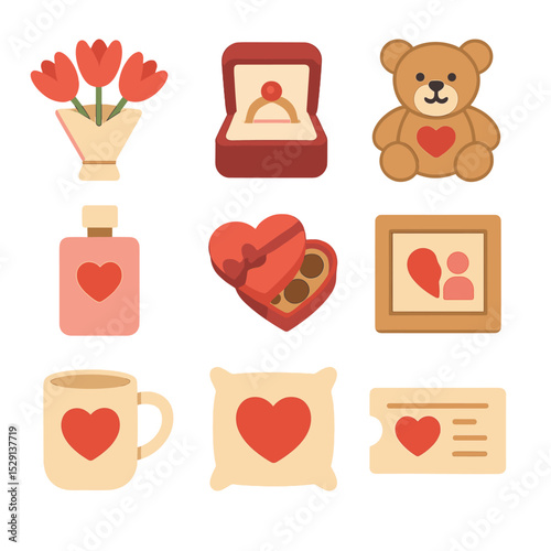 Romantic Gift Icons. Flat icon set of love gifts: bouquet, jewelry box, teddy bear, perfume bottle, chocolate box, photo frame,