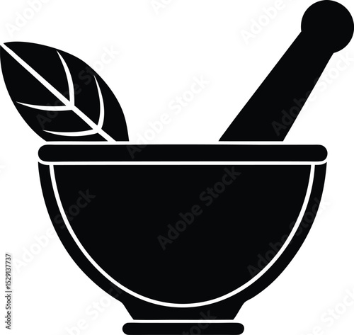 Mortar and Pestle Silhouette Herbal Medicine Tool with Leaf Vector Illustration