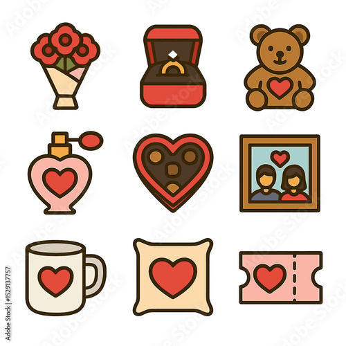Romantic Gift Icons. Flat icon set of love gifts: bouquet, jewelry box, teddy bear, perfume bottle, chocolate box, photo frame,