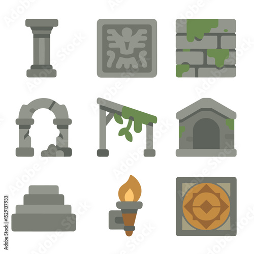Sacred Temple Icons. Flat icon set of secret temple architecture: stone pillar, carved relief, moss-covered wall, broken arch,