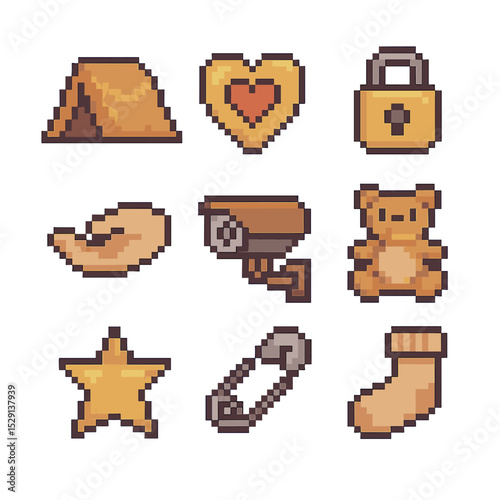 Safe Space Icons. Pixel art icon set of safe spaces: blanket tent, heart shield, lock icon, comforting hand, security camera,