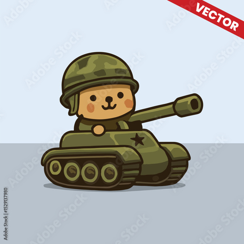 Cute army kids riding tank gesture vector style editable illustration