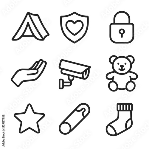 Safe Space Icons. Outline icon set of safe spaces: blanket tent, heart shield, lock icon, comforting hand, security camera,