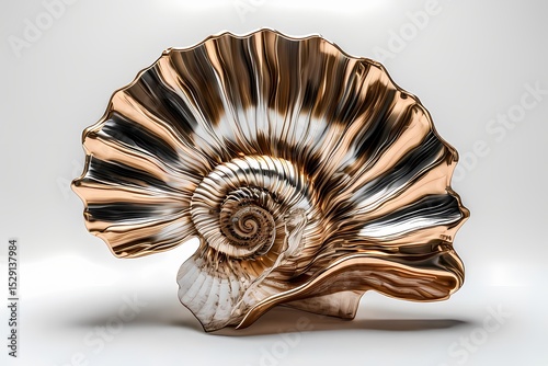 Abstract spiral swirl, like a shell or wind vortex, formed in concentric brushed metal bands — alternating gold and rose bronze finishes to enhance depth and light reflection, metalic work 