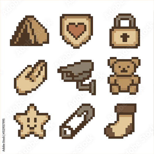 Safe Space Icons. Pixel art icon set of safe spaces: blanket tent, heart shield, lock icon, comforting hand, security camera,