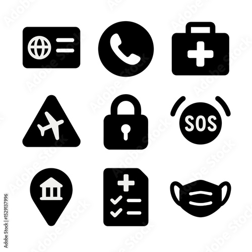 Safety and Health Icons. Solid, Filled icon set of safety and health features: travel insurance card, emergency call button,