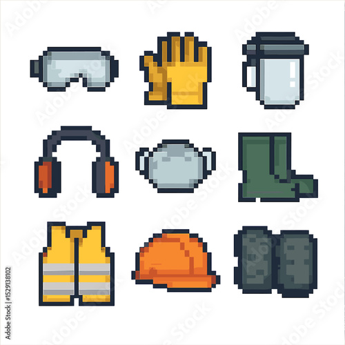 Safety Gear Icons. Pixel art icon set of safety and protective gear: safety goggles, work gloves, face shield, ear protection,