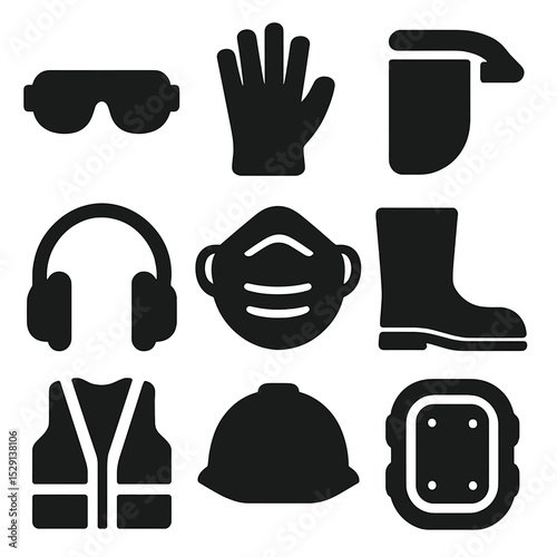 Safety Gear Icons. Solid, Filled icon set of safety and protective gear: safety goggles, work gloves, face shield, ear protection,