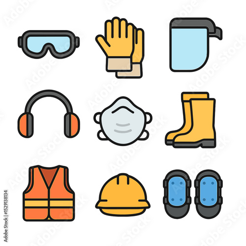 Safety Gear Icons. Flat icon set of safety and protective gear: safety goggles, work gloves, face shield, ear protection, dust