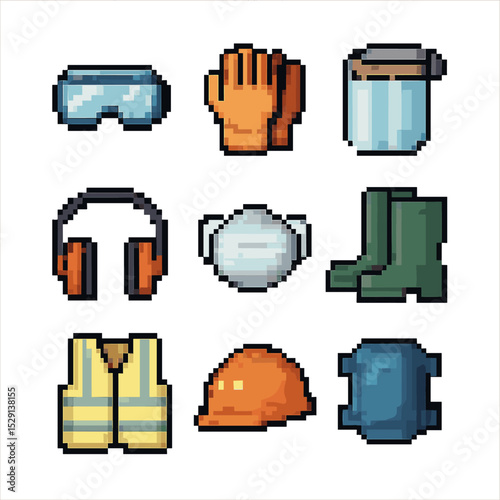 Safety Gear Icons. Pixel art icon set of safety and protective gear: safety goggles, work gloves, face shield, ear protection,