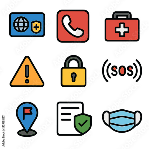 Safety Travel Icons. Flat icon set of safety and health features: travel insurance card, emergency call button, medical kit,