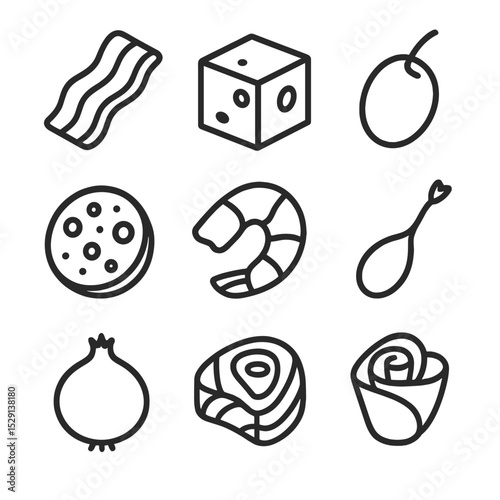 Savory Garnish Icons. Outline icon set of savory garnishes: bacon strip, cheese cube, olive, salami slice, shrimp, caper berry,