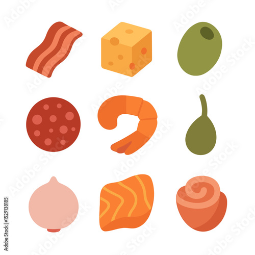 Savory Garnish Icons. Flat icon set of savory garnishes: bacon strip, cheese cube, olive, salami slice, shrimp, caper berry,