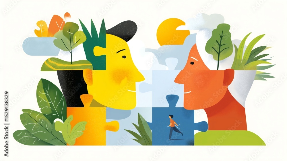 Naklejka premium Colorful puzzle pieces interlock, depicting two faces engaged in conversation. Surrounding them are elements of nature, symbolizing connection and growth in a serene environment
