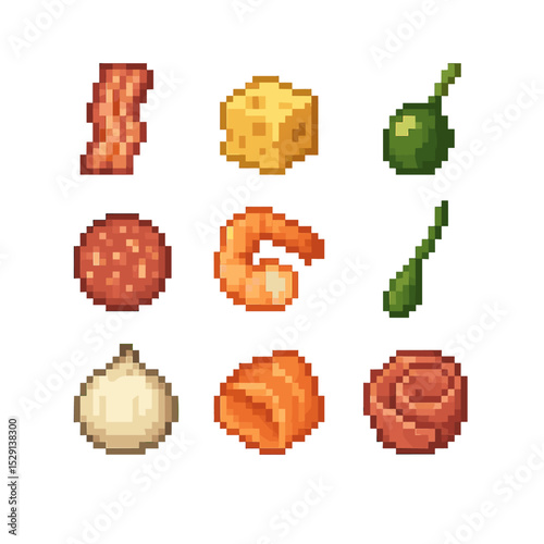 Savory Garnish Icons. Pixel art icon set of savory garnishes: bacon strip, cheese cube, olive, salami slice, shrimp, caper berry,