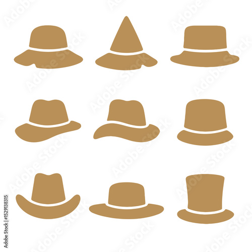 Scarecrow Hat Icons. Flat icon set of scarecrow hat styles: floppy brim, pointed top, flat crown, pinched front, slouched shape,