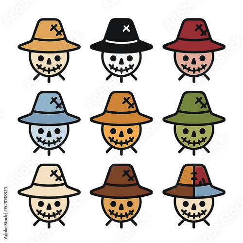 Scarecrow Hat Icons. Outline icon set of scarecrow hat color variations: natural straw, pitch black, deep red, sky blue, sunset