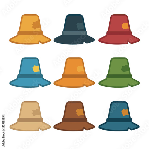 Scarecrow Hat Icons. Flat icon set of scarecrow hat color variations: natural straw, pitch black, deep red, sky blue, sunset