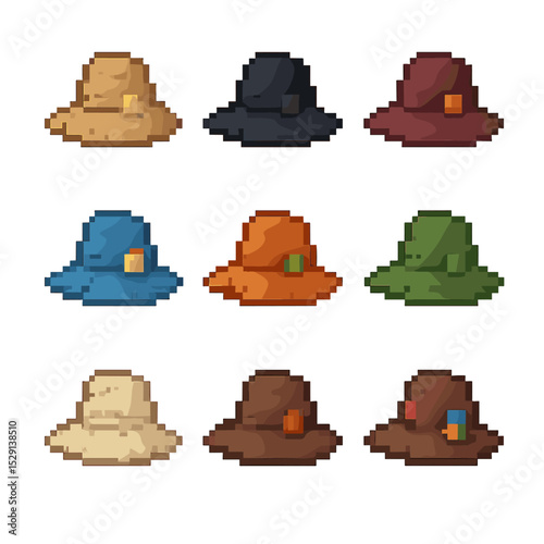 Scarecrow Hat Colors. Pixel art icon set of scarecrow hat color variations: natural straw, pitch black, deep red, sky blue, sunset