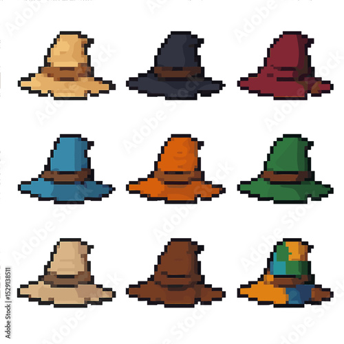 Scarecrow Hat Colors. Pixel art icon set of scarecrow hat color variations: natural straw, pitch black, deep red, sky blue, sunset