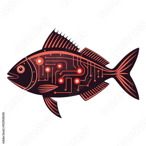A sleek, bioluminescent robotic fish, intricate glowing circuits visible beneath its translucent scales, swimming in a dark, futuristic aquatic environment.