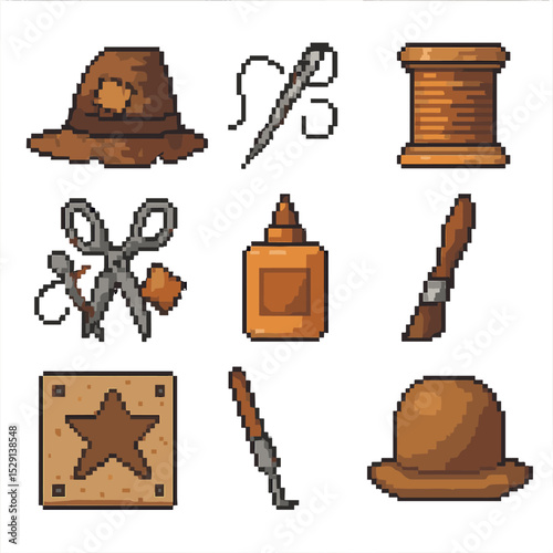 Scarecrow Hat Crafting Tools. Pixel art icon set of scarecrow hat crafting tools: sewing needle, thread spool, patch scissors,