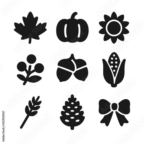 Scarecrow Hat Decor Icons. Solid, Filled icon set of seasonal scarecrow hat decorations: autumn leaves, miniature pumpkin,