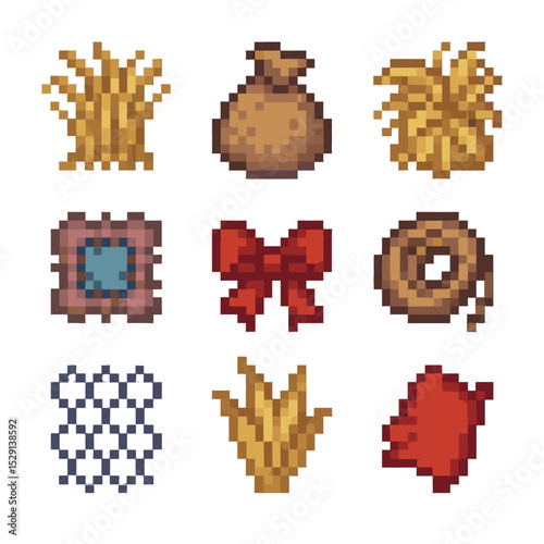 Scarecrow Hat Materials. Pixel art icon set of scarecrow hat materials: straw, burlap, hay, cloth patch, ribbon, twine, chicken