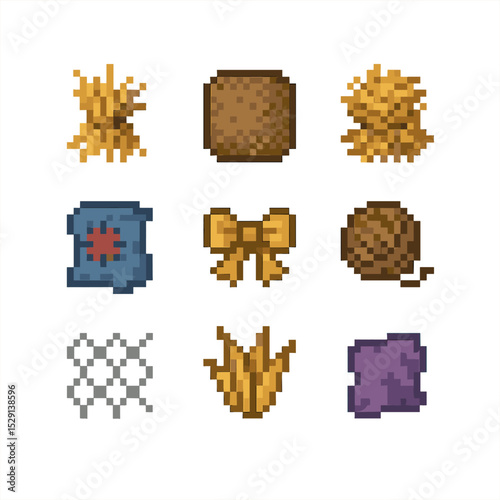 Scarecrow Hat Materials. Pixel art icon set of scarecrow hat materials: straw, burlap, hay, cloth patch, ribbon, twine, chicken