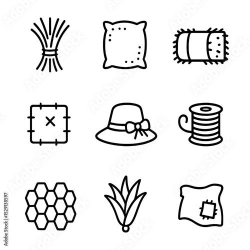 Scarecrow Hat Materials. Outline icon set of scarecrow hat materials: straw, burlap, hay, cloth patch, ribbon, twine, chicken wire