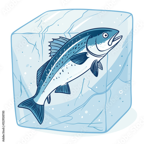 A frozen fish, encased in a translucent block of ice, shows intricate cracking patterns across its surface.  High-resolution detail.