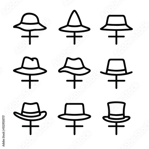 Scarecrow Hat Styles. Outline icon set of scarecrow hat styles: floppy brim, pointed top, flat crown, pinched front, slouched