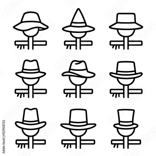 Scarecrow Hat Styles. Outline icon set of scarecrow hat styles: floppy brim, pointed top, flat crown, pinched front, slouched