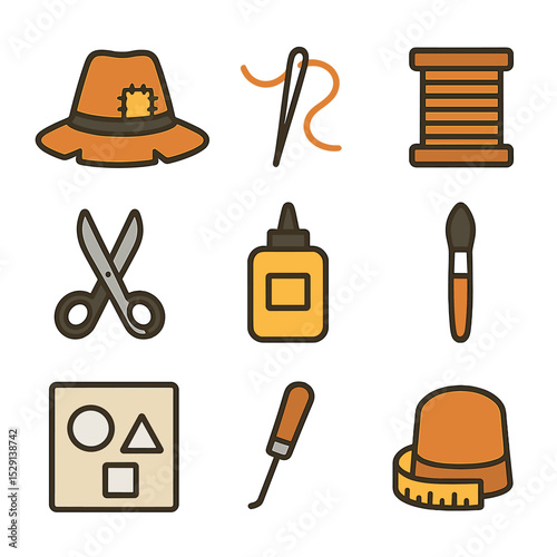 Scarecrow Hat Tools Icons. Flat icon set of scarecrow hat crafting tools: sewing needle, thread spool, patch scissors, glue bottle