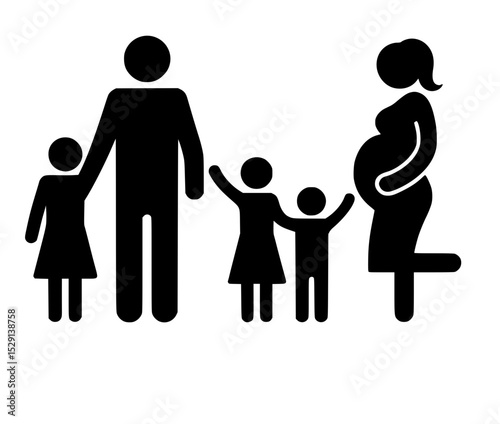 Pregnant mother with father and four children, Black silhouette of a happy family with pregnant mother, father, and four kids standing together in a united, joyful pose.

