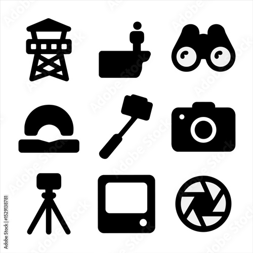 Scenic Viewpoint Icons. Solid, Filled icon set of scenic viewpoints and photo stops: lookout tower, cliff edge, vista binoculars,