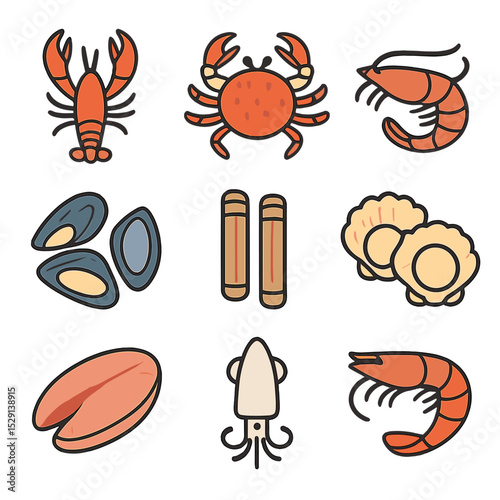 Seafood Market Icons. Flat icon set of seafood market ingredients: live lobster, king crab, jumbo shrimp, blue mussels, razor