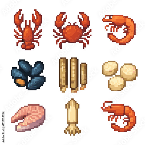 Seafood Market Icons. Pixel art icon set of seafood market ingredients: live lobster, king crab, jumbo shrimp, blue mussels, razor
