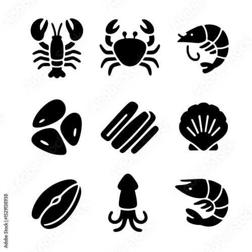 Seafood Market Icons. Solid, Filled icon set of seafood market ingredients: live lobster, king crab, jumbo shrimp, blue mussels,