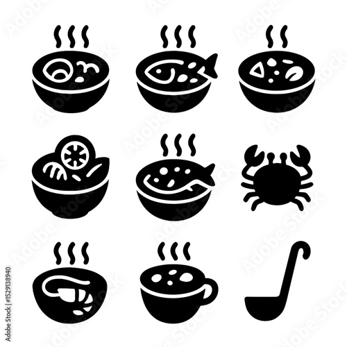 Seafood Soup Icons. Solid, Filled icon set of seafood soups: clam chowder, bouillabaisse, miso soup, gazpacho, fish stew, crab